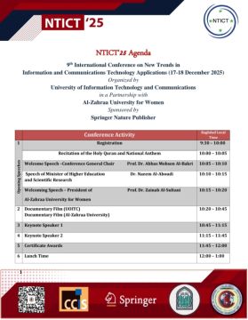 جدول أعمال مؤتمر "التوجهات الحديثة في تطبيقات تكنولوجيا المعلومات والاتصالات 25 NTICT" الدولي التاسع