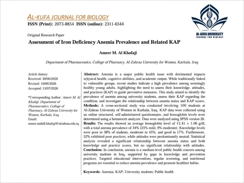 College of Pharmacy Advances Scientific Research with Published Study on Anemia Prevalence Among Its Students
