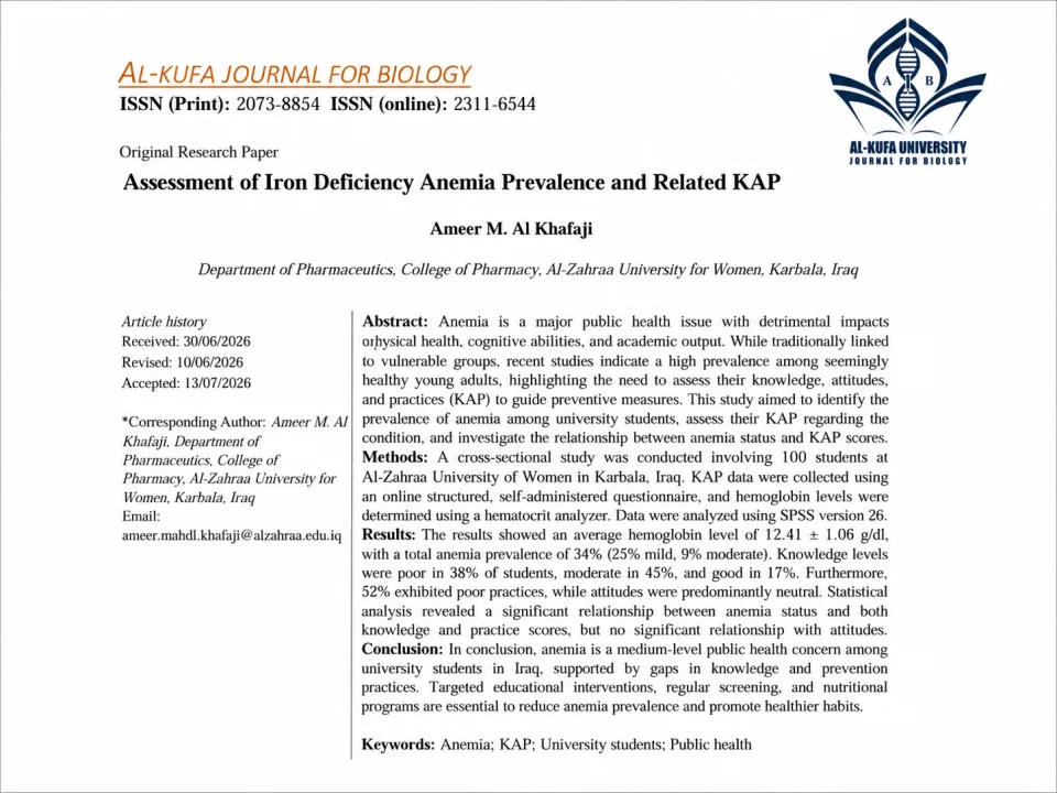 College of Pharmacy Advances Scientific Research with Publication of Study on Prevalence of Iron Deficiency Anemia Among Its Students in Peer-Reviewed Journal