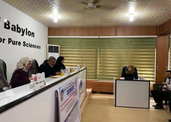 The Assistant to Administrative Affairs serving for the Presidency of Al-Zahra University (peace be upon her) actively participates in the academic discussion for a master’s thesis organized in  the premises of the University of Babylon.