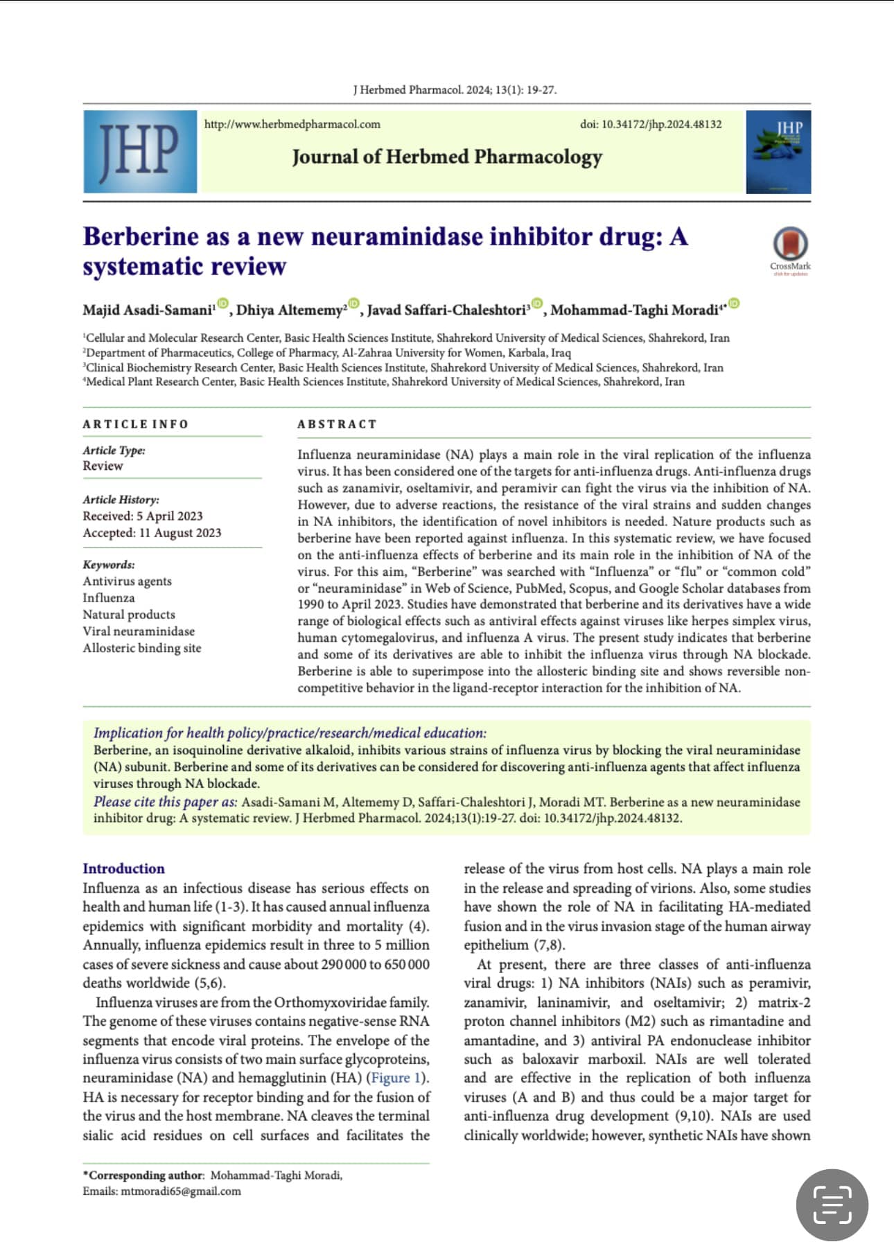 berberine as a new neuraminidase inhibitor drug: a systemic review