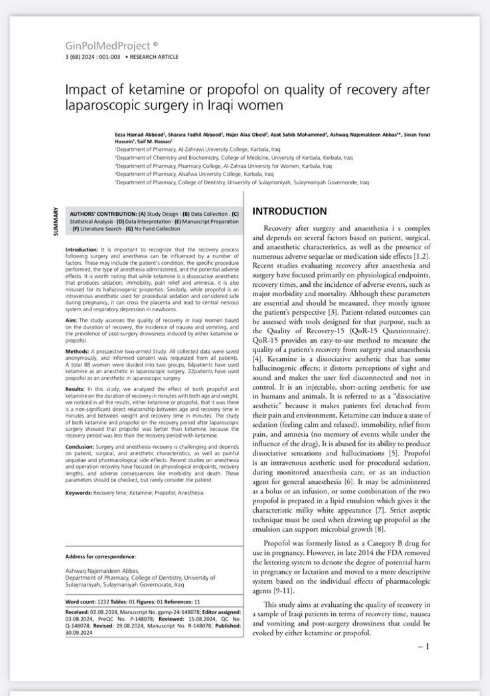 Impact of ketamine or propofol on quality of recovery after laparoscopic surgery in Iraqi women