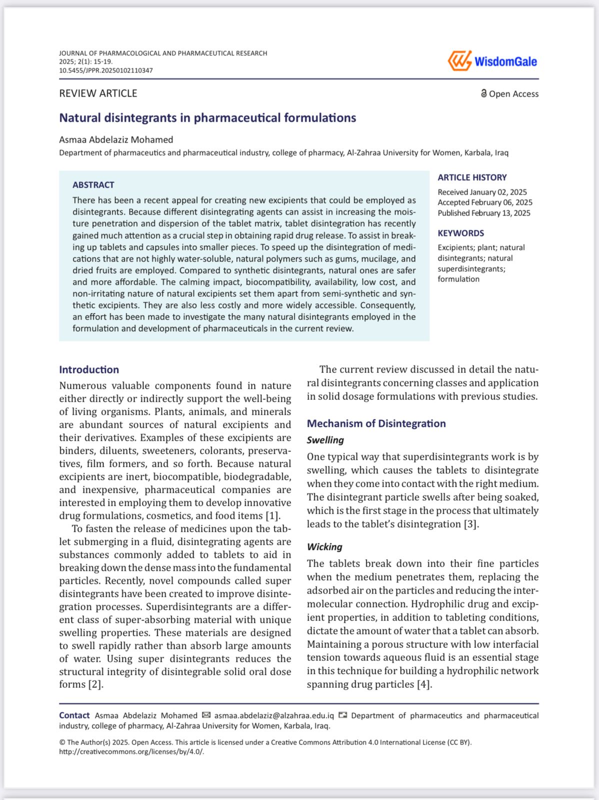 تدريسية في كلية الصيدلة بجامعة الزهراء تنشر بحثاً في مجلة عالمية