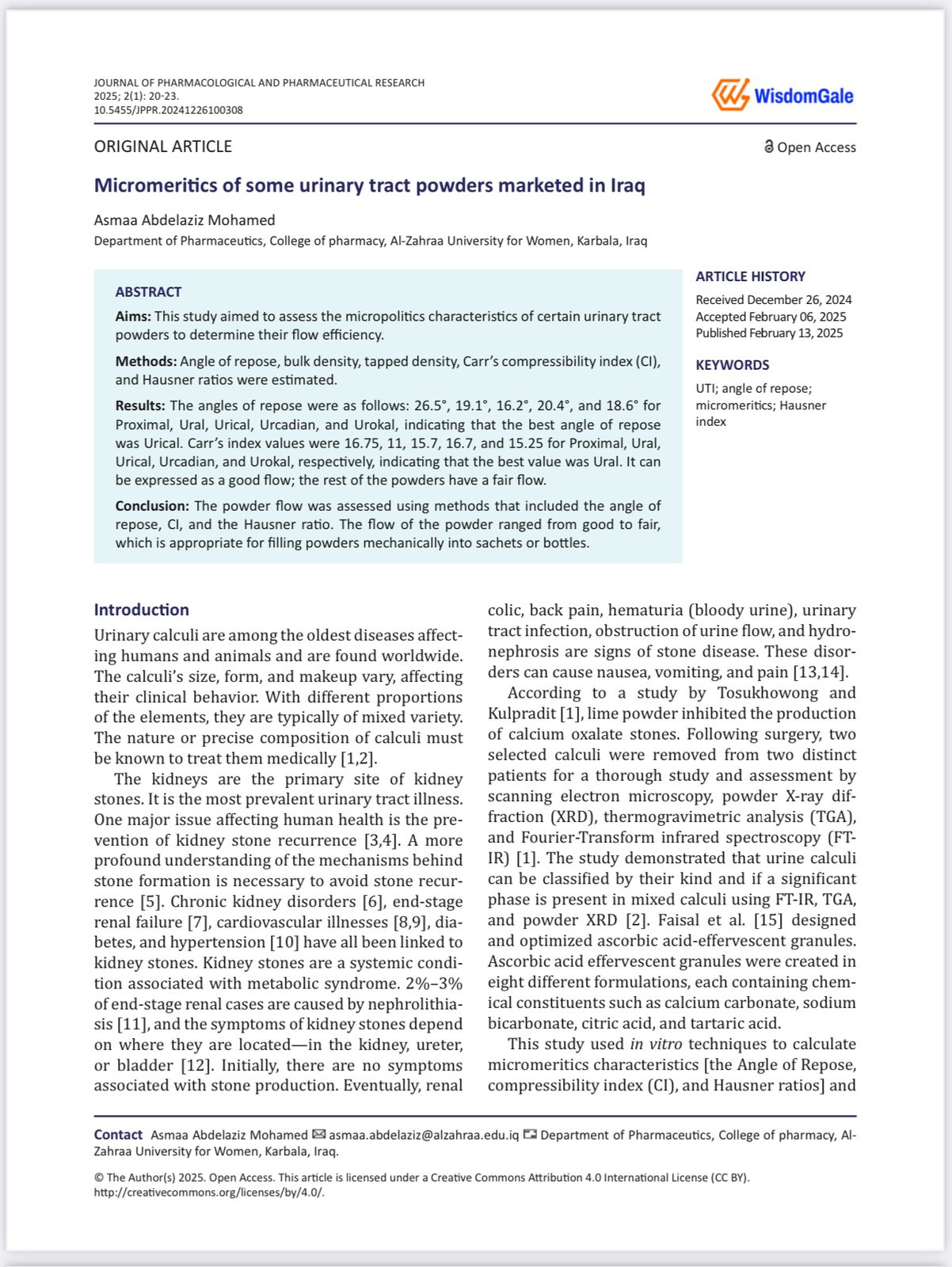 تدريسية في كلية الصيدلة بجامعة الزهراء للبنات تنشر دراسة حول خصائص تدفق مساحيق المسالك البولية