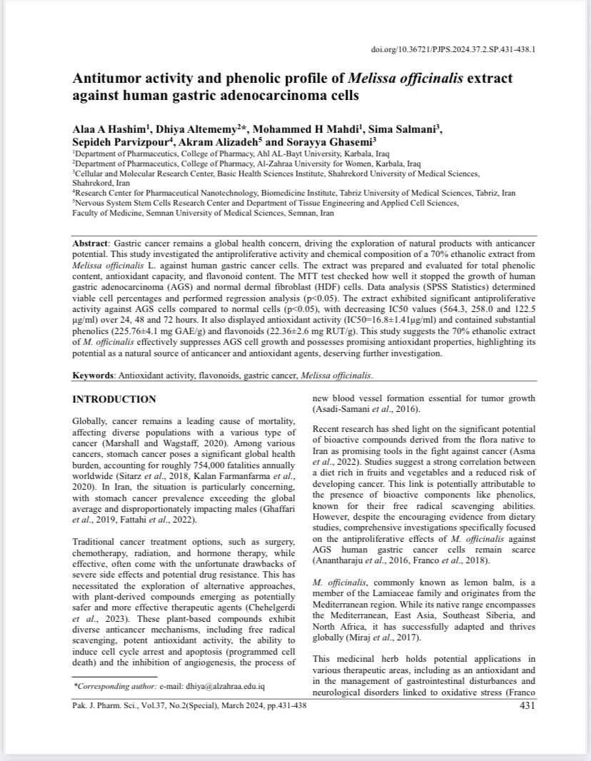 تدريسي من كلية الصيدلة ينشر بحثًا حول فعالية مستخلص طبيعي ضد سرطان المعدة في مجلة عالمية